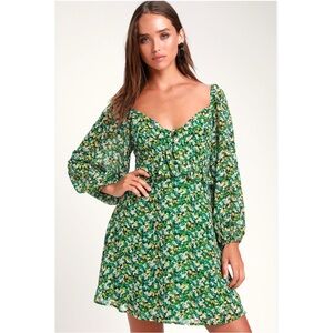 Lulus Forsythia Green Floral Print Long Sleeve Tie-Front Dress Size Small